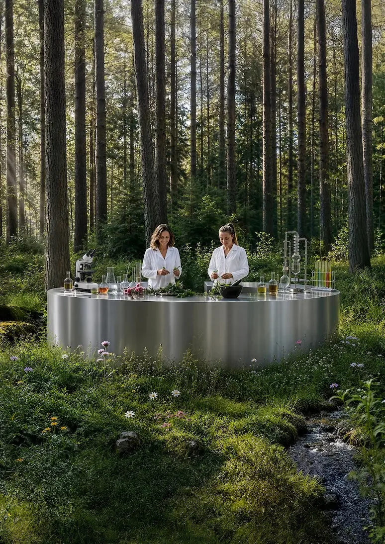 Kampagnenmotiv von Annemarie Börlind: zwei Frauen in weißen Kitteln an einem runden Labortisch mitten im Wald