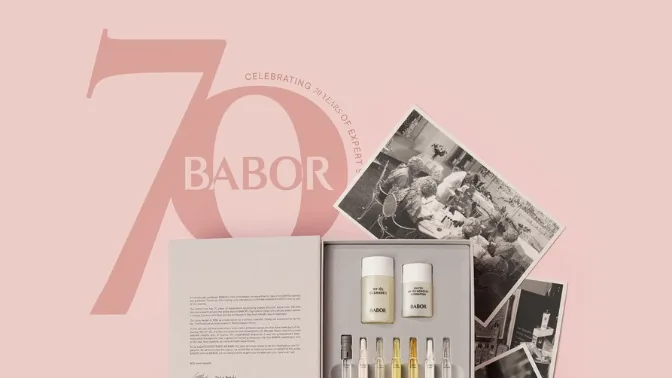 Jubiläumsmotiv von BABOR mit einer großen 70, historischen Fotos und einer Ampullen-Box