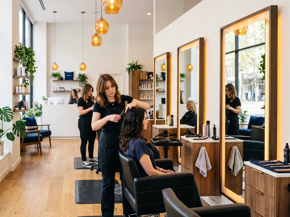 Arbeitsplatz in einem Salon mit beleuchtetem Spiegel
