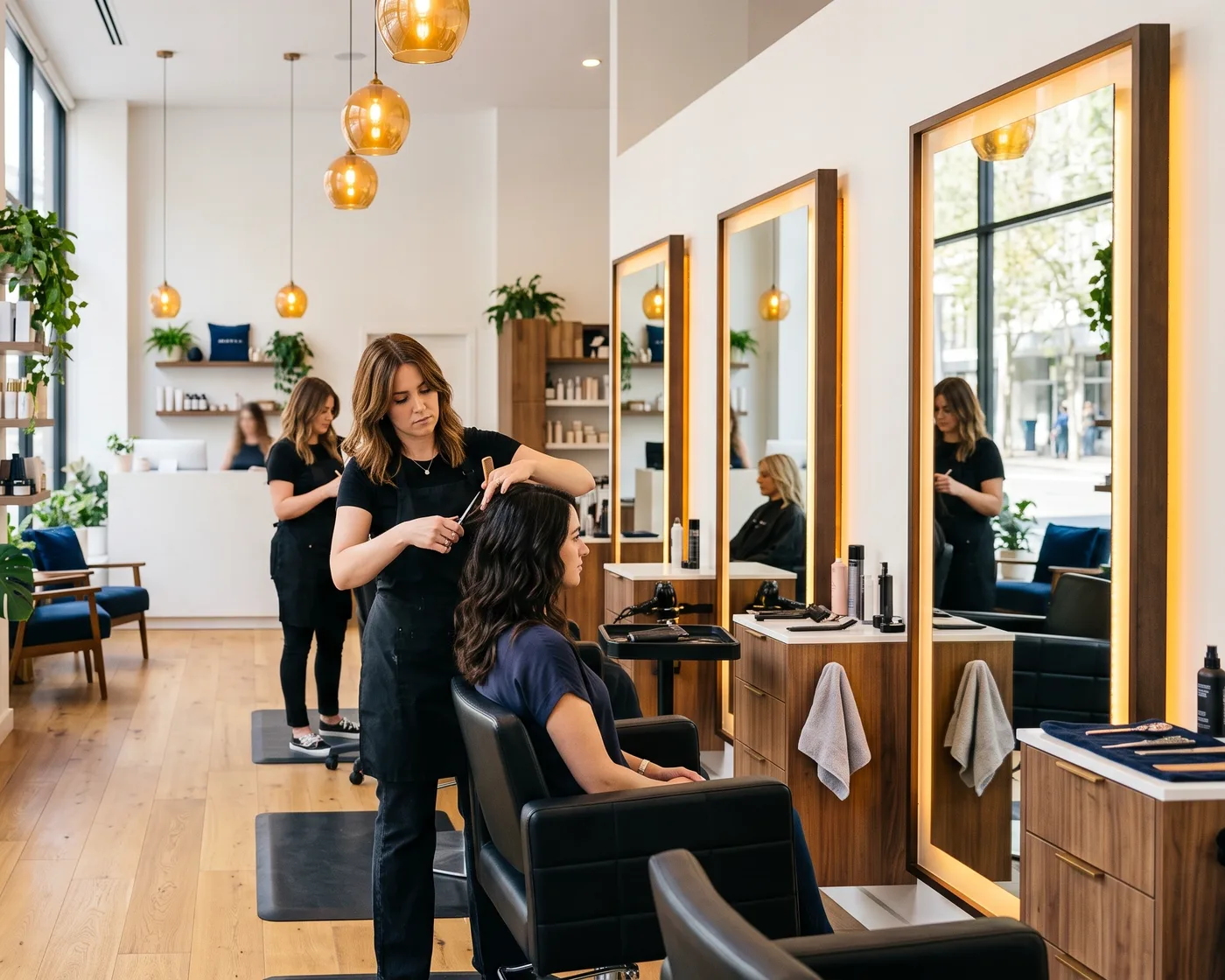 Heller Friseursalon mit Spiegeln und Arbeitsplätzen