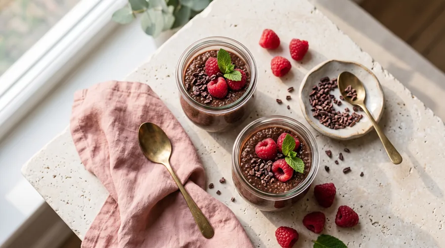 Kakao-Chia-Pudding mit Himbeeren