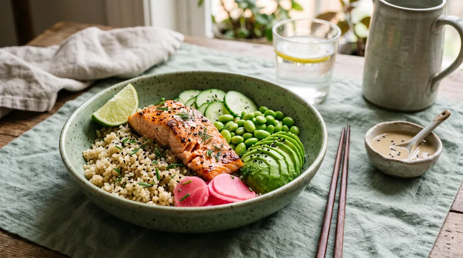 Lachs-Bowl mit Quinoa und Edamame