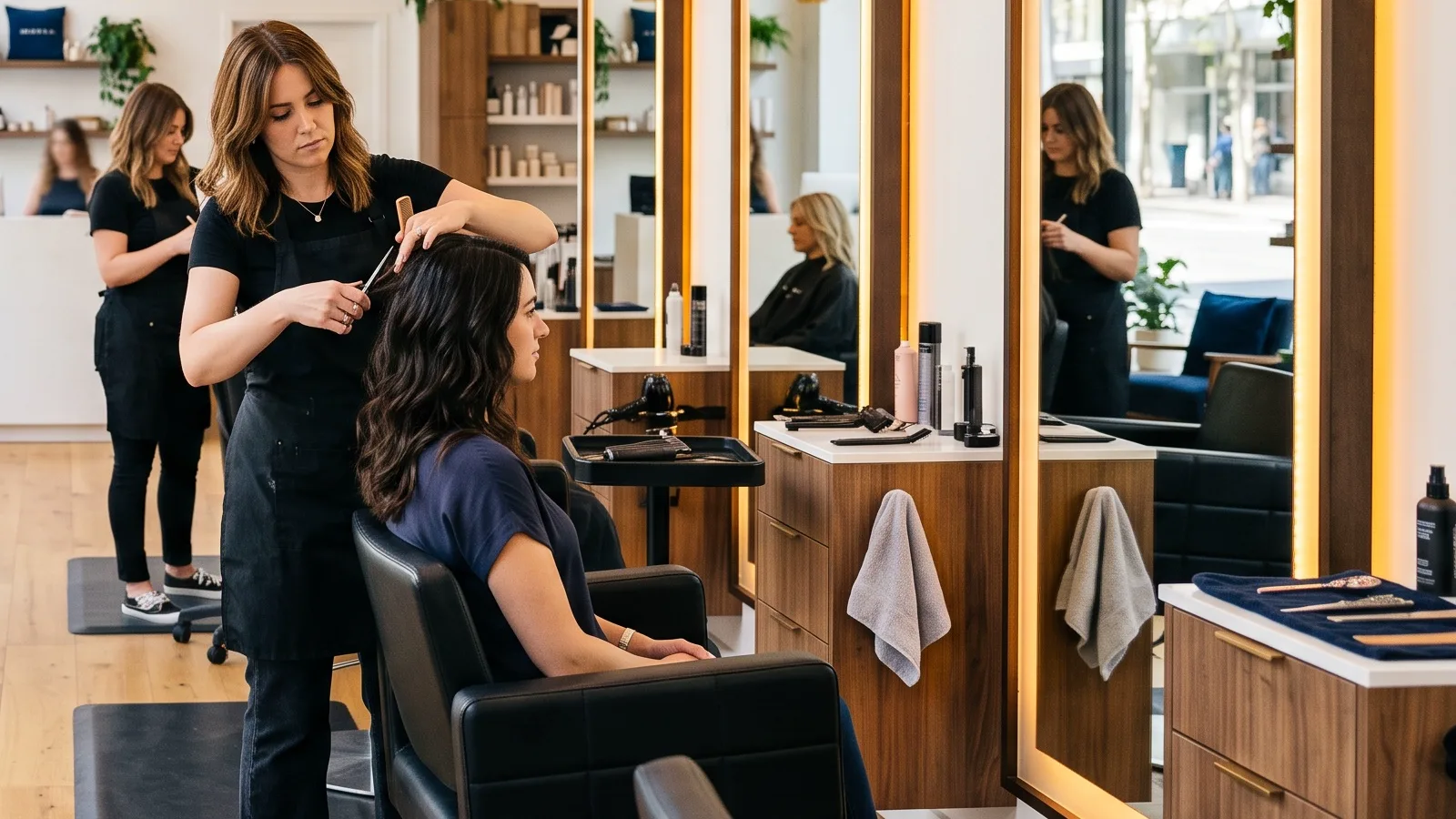Arbeitsplatz mit beleuchtetem Spiegel