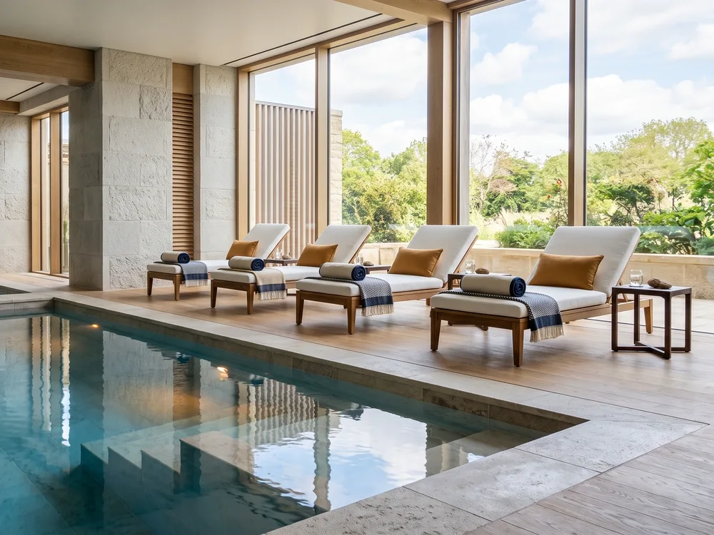 Liegen und Wasserfläche in einem hellen Spa-Bereich